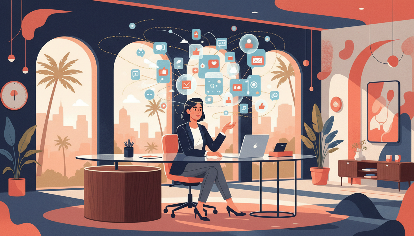 [16:9] Emprendedor en escritorio minimalista + nodos holográficos de redes sociales e IA conectando ideas con publicaciones + estilo ilustración editorial B2B startup studio español + luz suave optimista azul marino y acentos coral + plano medio amplio + ilustración digital alta calidad sin texto incrustado