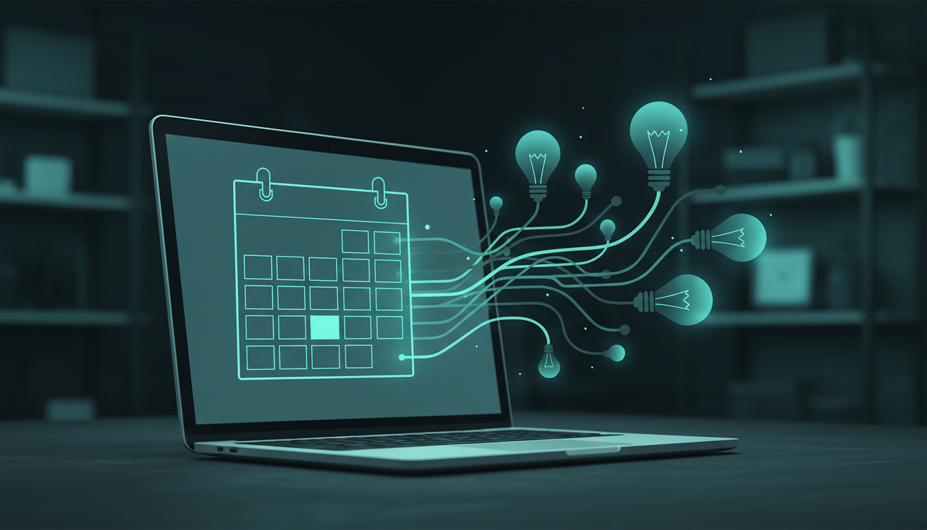 [16:9] Cuadrícula de calendario luminosa y bombillas de ideas ramificadas desde pantalla de portátil + estética abstracta startup studio teal y carbón + formas limpias tipo vector + iluminación suave frontal + composición editorial horizontal + ilustración digital sin texto