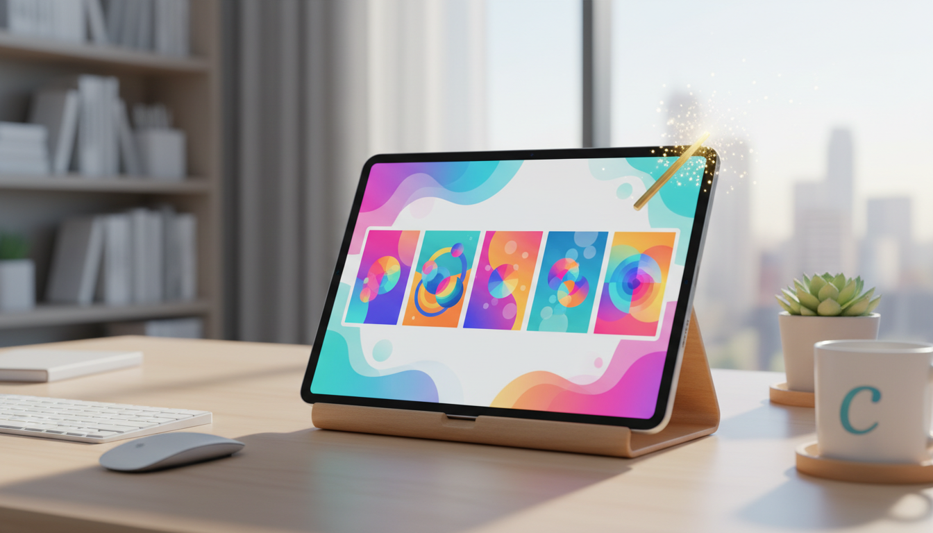 [16:9] Tablet con marcos de carrusel coloridos y destellos mágicos sugiriendo IA + estética marketing moderna gradientes alegres + mesa de trabajo creativa + luz ambiente cálida de estudio + plano tres cuartos + ilustración profesional sin texto en la imagen