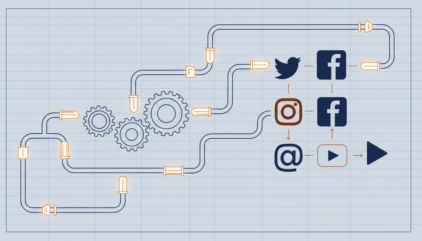 [16:9] Tuberías y engranajes luminosos estilo plano ingeniería alimentando iconos de redes sociales + metáfora automatización a medida código personalizado + paleta ámbar y azul profundo estilo blueprint tech + iluminación de diagrama técnico + composición simétrica editorial + ilustración minimalista sin texto