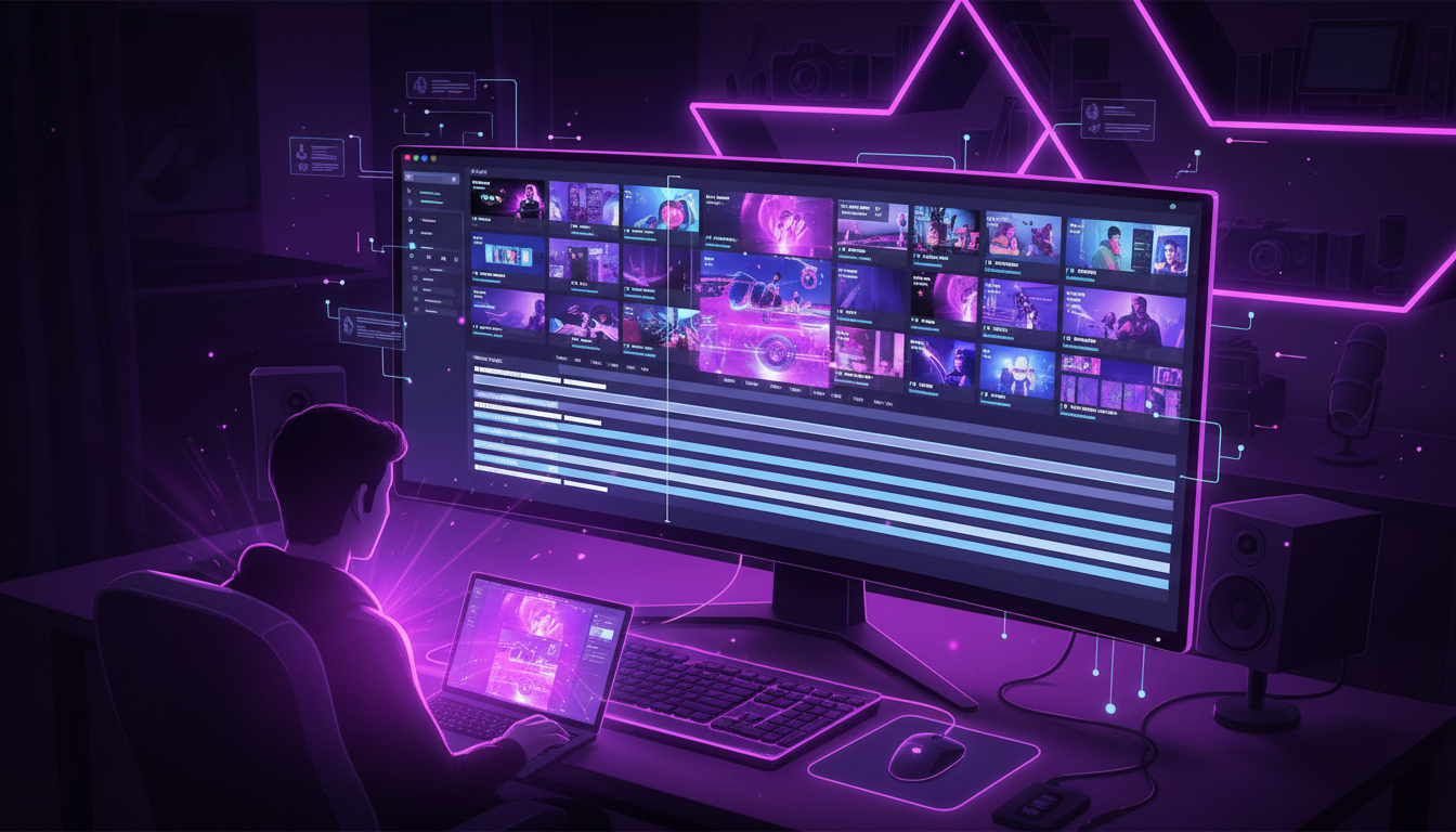 [16:9] Línea de tiempo de editor de vídeo con clips verticales tipo reels barras de subtítulo silueta de creador + estilo cinematográfico luces magenta y púrpura ambiente tech creator + contraste dramático suave + plano amplio + ilustración sin texto legible